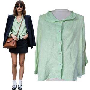 Alexia von Beck Light Mint Green 100 Linen Flowy Button Down Blouse L